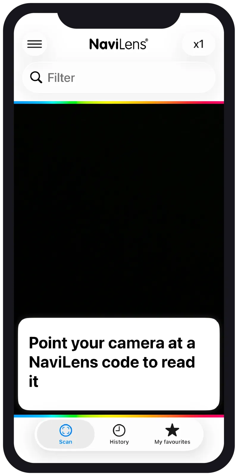 Pantalla de la app NaviLens: la cámara abierta buscando un código, con el filtro arriba y las pestañas de escaneo, historial y favoritos abajo.