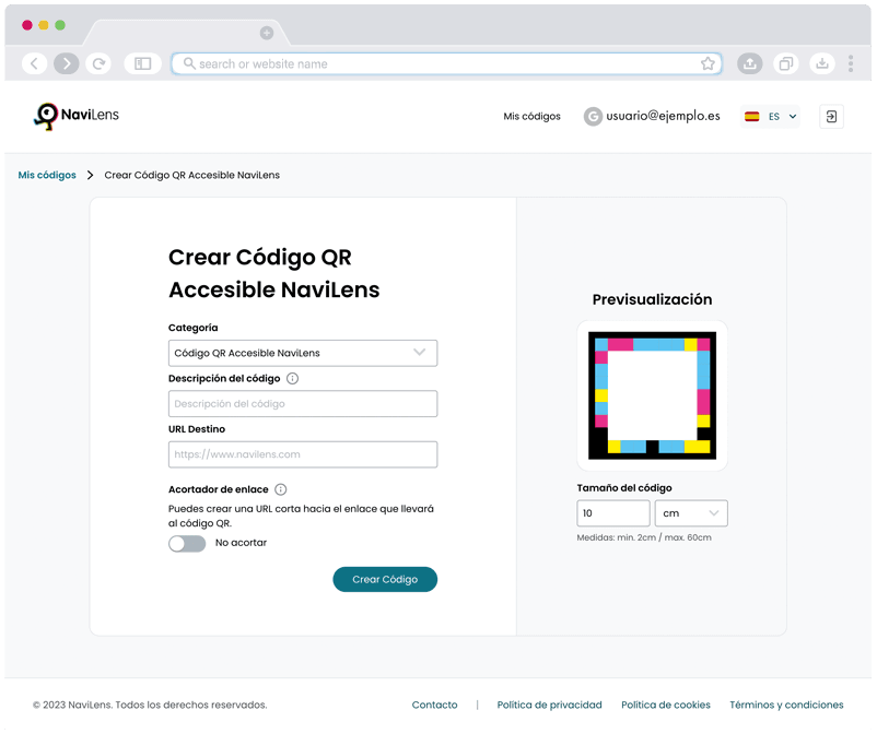 NaviLens Accessible QR Codes generator panel